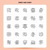 Umriss 25 süße und Süßigkeiten Symbolsatz Vektor Linienstil Design schwarze Symbole Set lineare Piktogrammpaket Web- und mobile Geschäftsideen entwerfen Vektorillustration