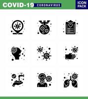 Coronavirus-Bewusstseinssymbole 9 solide Glyphe schwarzes Symbol Corona-Virus-Grippe im Zusammenhang mit Virus-Nasen-Krankheit-Allergie-Liste Virus-Coronavirus 2019nov-Krankheitsvektor-Designelemente vektor