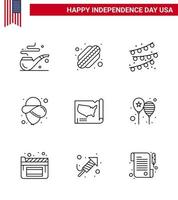 packa av 9 USA oberoende dag firande rader tecken och 4:e juli symboler sådan som fira USA fest Glödlampa förenad Karta redigerbar USA dag vektor design element