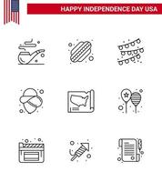 packung mit 9 usa unabhängigkeitstag feier linien zeichen und 4. juli symbole wie feiern usa party bulb united map editierbare usa tag vektor design elemente