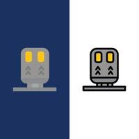 tillbaka järnväg tåg transport ikoner platt och linje fylld ikon uppsättning vektor blå bakgrund