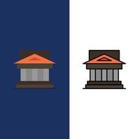 Bank arkitektur byggnad domstol egendom regering hus fast egendom ikoner platt och linje fylld ikon uppsättning vektor blå bakgrund