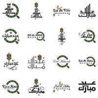Lycklig av eid packa av 16 eid mubarak hälsning kort med lysande stjärnor i arabicum kalligrafi muslim gemenskap festival vektor