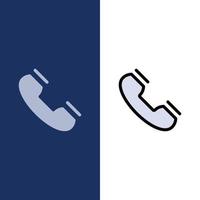 Anruf Kontakt Telefon Telefon Klingelsymbole flach und Linie gefüllt Symbolsatz Vektor blauen Hintergrund