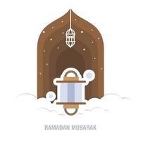 ramadan kareem islamisk design halvmåne och moskékupolsilhuett med arabiskt mönster och kalligrafi vektor