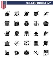 4. juli usa glücklicher unabhängigkeitstag symbol symbole gruppe von 25 modernen soliden glyphen der feuerwerksfeier party usa herz editierbare usa tag vektor design elemente