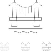 bro byggnad stad stadsbild djärv och tunn svart linje ikon uppsättning vektor
