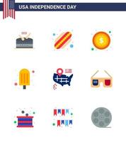 Packung mit 9 kreativen USA-Unabhängigkeitstag-bezogenen Wohnungen mit Sonnenbrillen Karte Geld Standort Essen editierbare USA-Tag-Vektor-Design-Elemente vektor