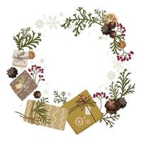 weihnachtsneujahrsrahmenkranz mit handwerksgeschenkboxen, tannenzweigen, schneeflocken, mit platz für textvektorvorlage. festliches weihnachtskonzept, winterferien öko-dekorationsgestaltungselement. vektor