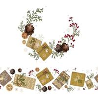 vektorweihnachtsdekorationssatz, nahtlose grenze und runder rahmenkranz mit handwerksgeschenkboxen, schneeflocken, tannenzweigen, beeren und zapfen lokalisierten illustration.weihnachts- und neujahrsfeiertagsgestaltungselemente vektor