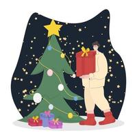 Vektor-Illustration Frau, die sich auf das neue Jahr vorbereitet, legt Geschenke unter den Weihnachtsbaum. vektor