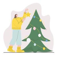 eine frau bereitet sich auf das neue jahr vor, schmückt einen weihnachtsbaum für den urlaub und hängt weihnachtsspielzeug auf. Vektor-Illustration vektor