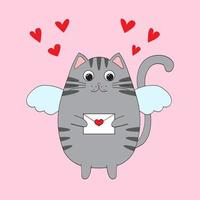söt tecknad serie karaktär katt med vingar innehav ett kuvert i dess tassar. hjärtans dag kort eller klistermärke design. vektor illustration