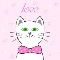 Zeichnen Sie Vektorillustration weiße Katze mit rosa Hintergrund und Wortliebe für Valentinstag. Doodle-Cartoon-Stil vektor