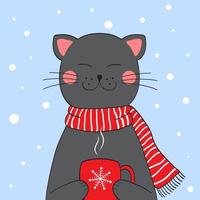 söt grå katt med en kopp av kaffe. katt i en röd randig scarf på en snöig bakgrund. vinter- vektor illustration