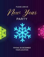 Lycklig ny år inbjudan kort med neon snöflingor. vektor fest mall.