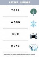 utbildning spel för barn brev virrvarr skriva de korrekt namn för söt tecknad serie träd snö håla Björn tryckbar vinter- kalkylblad vektor