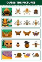 Bildungsspiel für Kinder Erraten Sie die richtigen Bilder von niedlichen Cartoon-Spinnen-Libelle-Schmetterling-Marienkäfer-Schnecke-Druckbares Fehler-Arbeitsblatt vektor