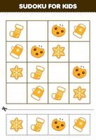 Lernspiel für Kinder Sudoku für Kinder mit niedlichen Cartoon-Sockenfäustlingen und Schneeflockenkeksen zum Ausdrucken Winterarbeitsblatt vektor