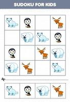 Lernspiel für Kinder Sudoku für Kinder mit niedlichem Cartoon Polarfuchs Pinguin Eisbär Hirsch druckbares Winterarbeitsblatt vektor