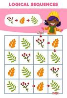 utbildning spel för barn logisk sekvens hjälp flicka sortera blad från Start till Avsluta tryckbar vinter- kalkylblad vektor