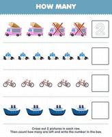Bildungsspiel für Kinder Zählen Sie, wie viele niedliche Cartoon-Eiswagen Polizeiauto Fahrradschiffe und schreiben Sie die Anzahl in das druckbare Transportarbeitsblatt vektor