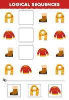Lernspiel für Kinder Logische Sequenzen für Kinder mit niedlichem Cartoon-Schal-Stiefel-Pullover zum Ausdrucken Winterarbeitsblatt vektor
