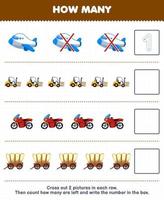 Lernspiel für Kinder Zählen Sie, wie viele niedliche Cartoon-Flugzeug-Gabelstapler-Motorrad-Wagen und schreiben Sie die Anzahl in das druckbare Transport-Arbeitsblatt vektor