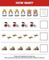 Bildungsspiel für Kinder Zählen Sie, wie viele niedliche Cartoon-Raumschiff-Pedicap-Kajak-Bulldozer und schreiben Sie die Anzahl in das druckbare Transport-Arbeitsblatt vektor