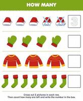 utbildning spel för barn räkna på vilket sätt många söt tecknad serie hatt vante Tröja strumpa och skriva de siffra i de låda tryckbar vinter- kalkylblad vektor