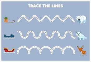 bildungsspiel für kinder handschriftübung verfolgen sie die linien mit niedlichem cartoonschlitten bewegen sie sich zum eisbären polarfuchs hirsch druckbares winterarbeitsblatt vektor