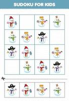 Lernspiel für Kinder Sudoku für Kinder mit niedlichem Cartoon-Schneemann zum Ausdrucken Winterarbeitsblatt vektor