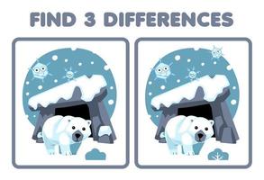 Lernspiel für Kinder Finden Sie drei Unterschiede zwischen zwei niedlichen Cartoon-Eisbären vor dem druckbaren Winterarbeitsblatt vektor