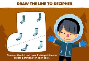 Bildungsspiel für Kinder hilft Jungen, die Linien zu zeichnen, um das druckbare Winterarbeitsblatt der Socken zu trennen vektor