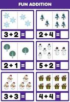 Lernspiel für Kinder Spaßzusatz durch Zählen und Summe des niedlichen Cartoon-Schneeflocke-Baum-Schneemann-Hauses zum ausdrucken Winterarbeitsblatt vektor