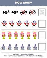 utbildning spel för barn räkna på vilket sätt många söt tecknad serie fladdermus dracula drottning slott och skriva de siffra i de låda tryckbar halloween kalkylblad vektor