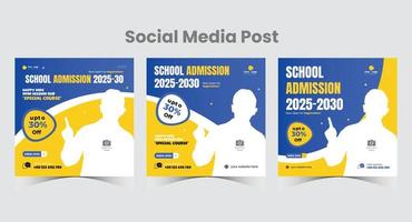 schulzulassung social media post design vorlage oder zurück zur schule social media blau und gelb farbkombination layout bündel quadratisches webbanner vektor