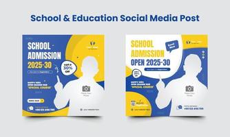 schulzulassung social media post design vorlage oder zurück zur schule social media blaue und gelbe farbkombination gesetztes quadratisches webbannerdesign vektor