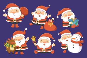 weihnachtsmann-zeichen-design-set. flache illustration des glücklichen weihnachtsmanns mit verschiedenen haltungen und weihnachtsobjekten lokalisiert auf dunkelblauem hintergrund vektor