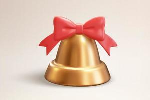 3D goldene Metallglocke mit einer roten Schleife oben. realistische glockenillustration geeignet für ostern, weihnachtsdekoration oder hochzeit, partyanlässe vektor