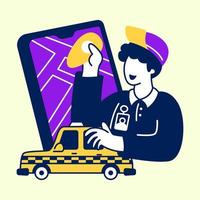 Taxifahrer sucht mit Smartphone nach Zielort. Vektor-Illustrationskonzept des flachen Designs modernes vektor