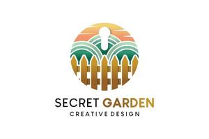 geheimes Garten-Logo-Design, Logo-Vektor-Illustration eines Holzzauns und Garten-Symbol mit einem Schloss-Symbol in einem Kreis vektor