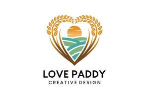 Paddy-Logo-Design mit Ackerland in Herzform, Paddy-Farm-Logo-Vektorillustration vektor