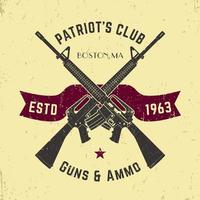 Vintage-Logo des Patriots Club mit gekreuzten automatischen Waffen, Vintage-Schild des Waffenladens mit Sturmgewehren, Emblem des Waffenladens, Vektorillustration vektor