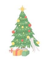 katt spelar med jul träd semi platt Färg vektor karaktär. redigerbar siffror. full sized djur, Artikel på vit. festlig enkel tecknad serie stil illustration för webb grafisk design och animering