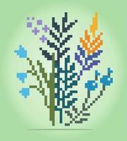 8-Bit-Pixel-Blattverzierungen. Blätter und Blumen für Kreuzstichmuster, in Vektorgrafiken. vektor