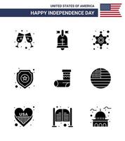 glücklicher unabhängigkeitstag 4. juli satz von 9 soliden glyphen amerikanisches piktogramm der festlichkeit feier polizeischild polizei editierbare usa tag vektor design elemente