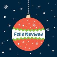 frohe weihnachten text auf spanisch feliz navidad auf dekorativer roter kugel auf schneebedecktem dunklem hintergrund handgezeichnetes spanisches element für banner, kartenplakate grafische zeichnung. Vektor-Illustration. vektor