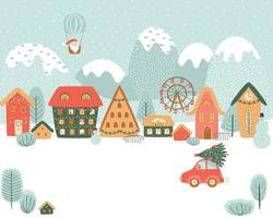 magisches weihnachtsdorf in den bergen. Winterdorf, Landschaft, Weihnachtslandschaft, Auto. niedlicher Cartoon-Hintergrund. winternatur, weihnachtsmannfliege im ballon. Stadtlandschaft. Vektor-Illustration-Poster. vektor