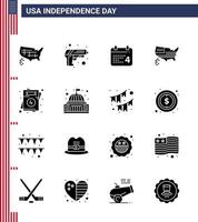 Happy Independence Day Pack mit 16 soliden Glyphen Zeichen und Symbolen für Liebe USA Kalender Thanksgiving American editierbare USA Tag Vektor Design Elemente